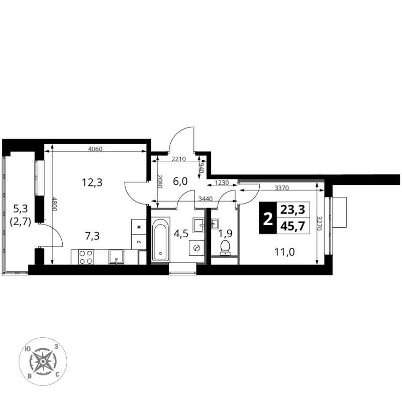 2 ккв (Евро) 45,7 м²