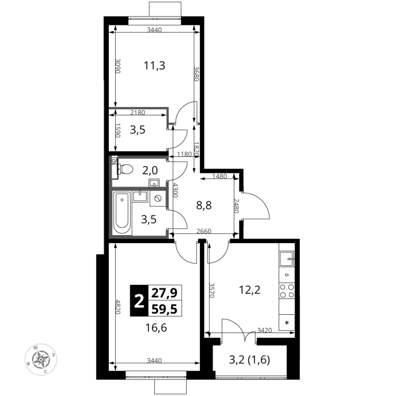 2 ккв 59,5 м²