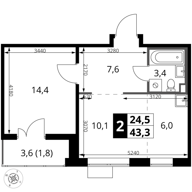 2 ккв (Евро) 43,3 м²