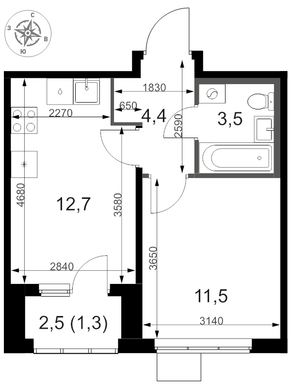 1 ккв 33,3 м²