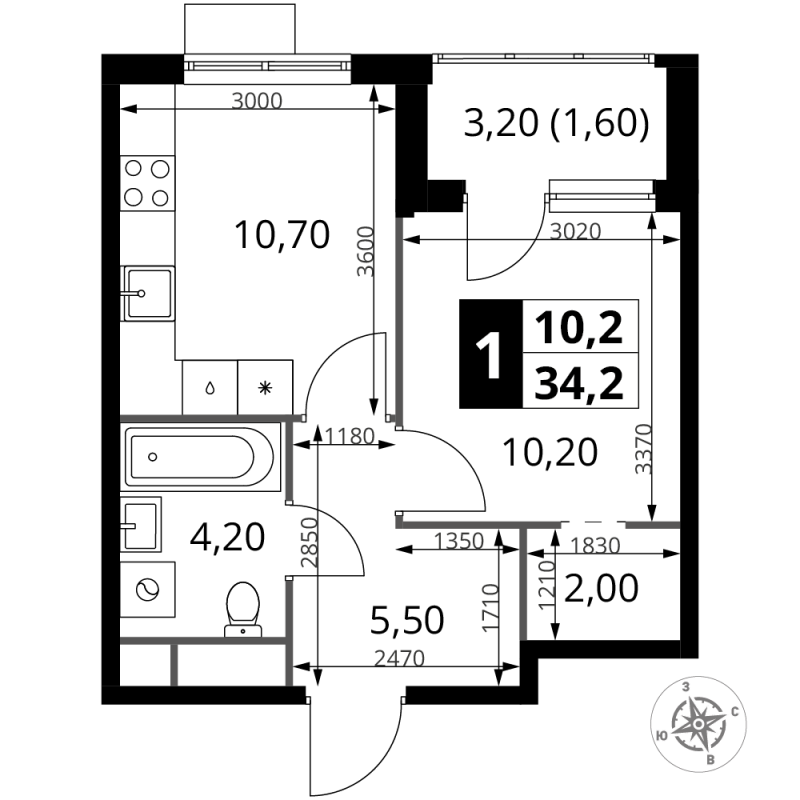 1 ккв 34,2 м²