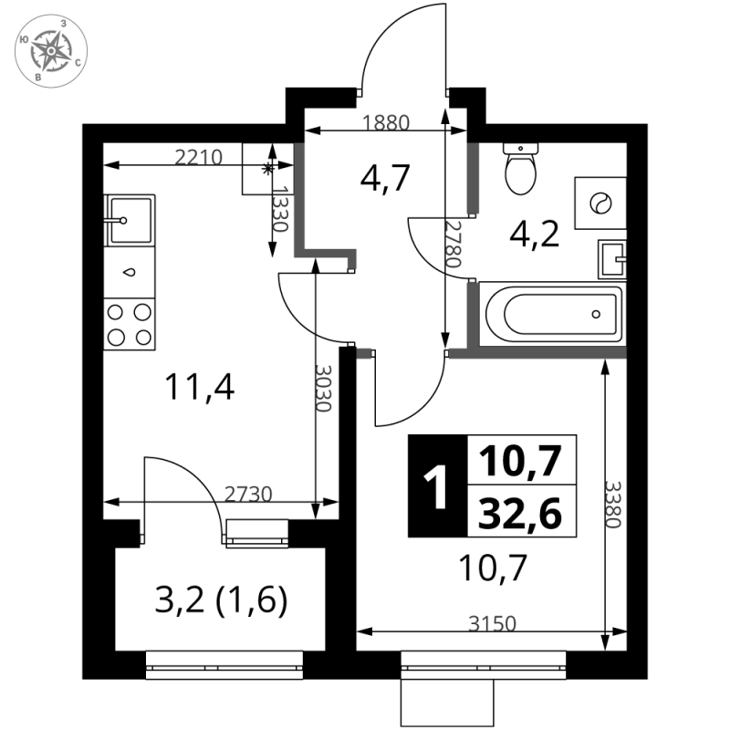 1 ккв 32,6 м²