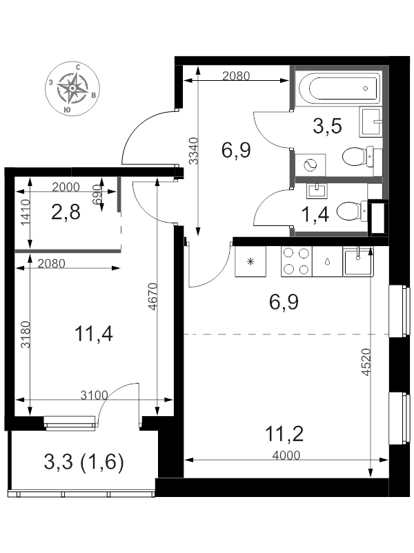 2 ккв (Евро) 46,6 м²