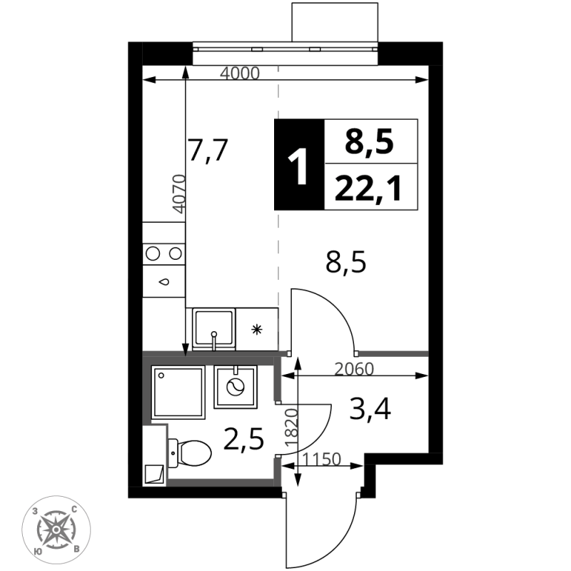 Студия 22,1 м²