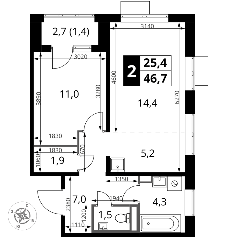 2 ккв (Евро) 46,7 м²