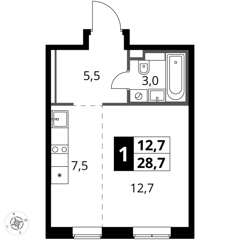 Студия 28,7 м²