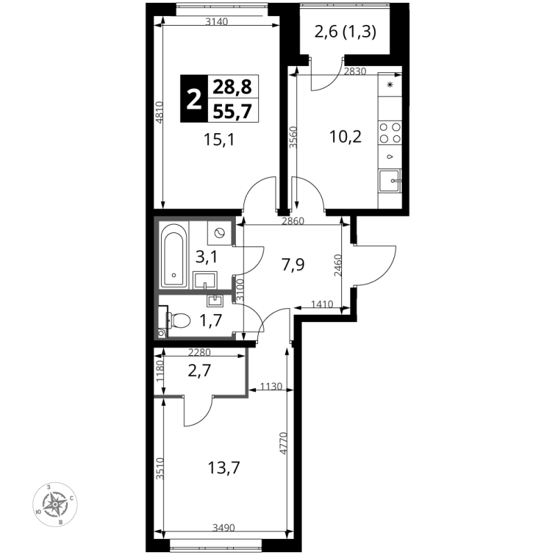 2 ккв 55,7 м²