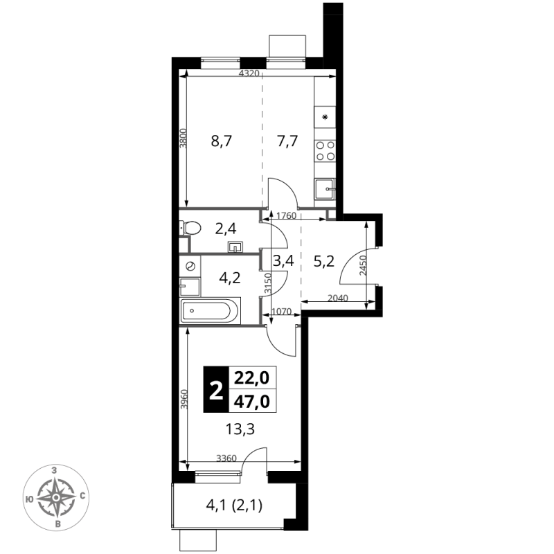 2 ккв (Евро) 47 м²