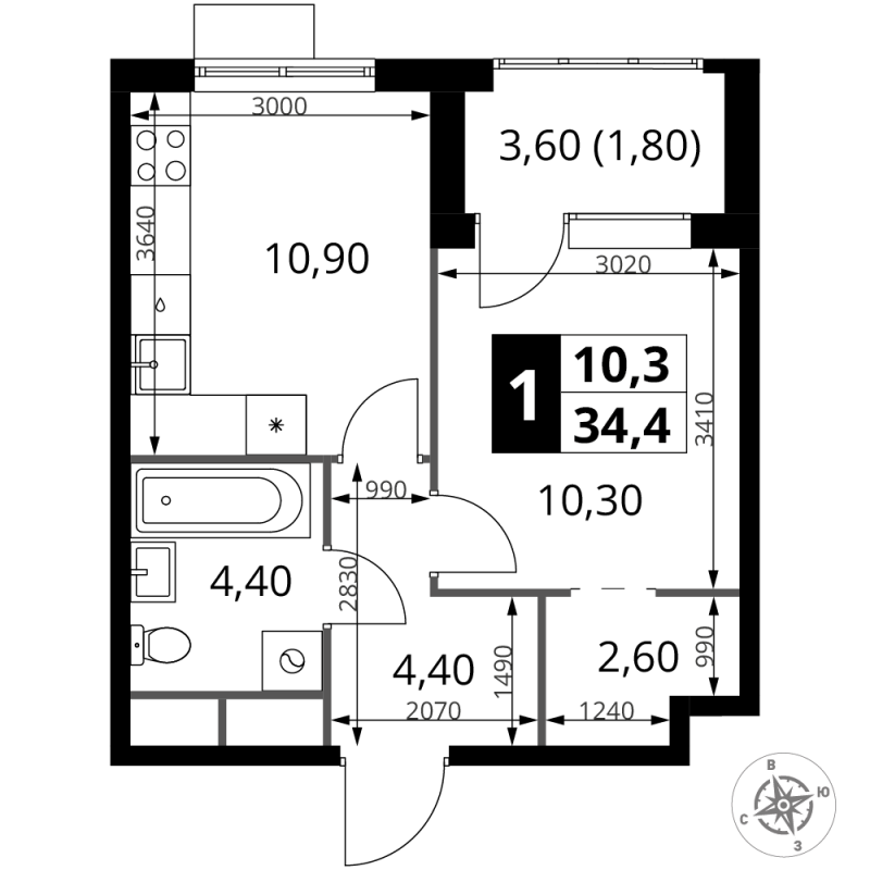 1 ккв 34,4 м²