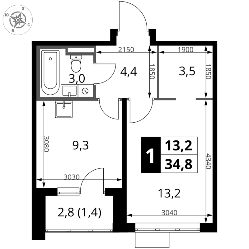 1 ккв 34,8 м²