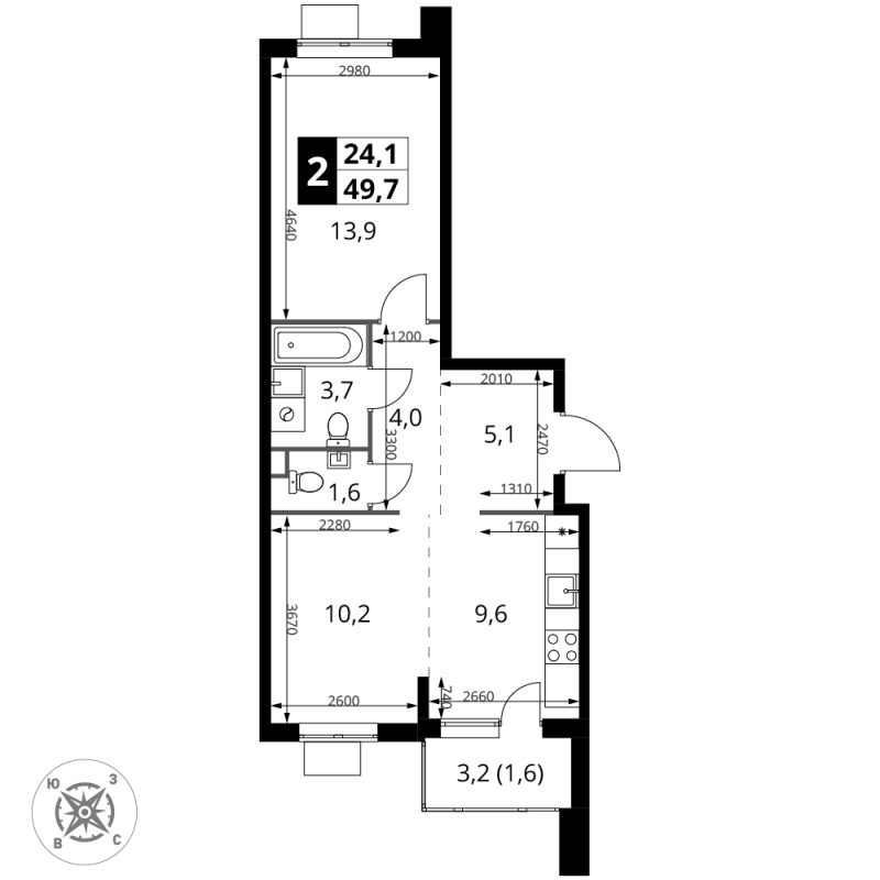 2 ккв (Евро) 49,7 м²