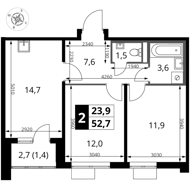 2 ккв 52,7 м²
