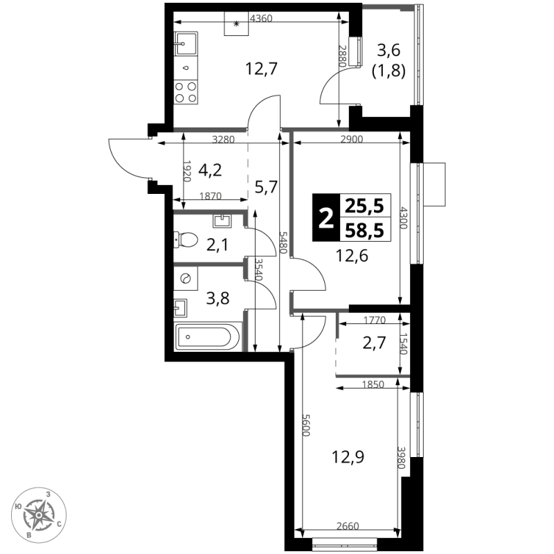 2 ккв 58,5 м²
