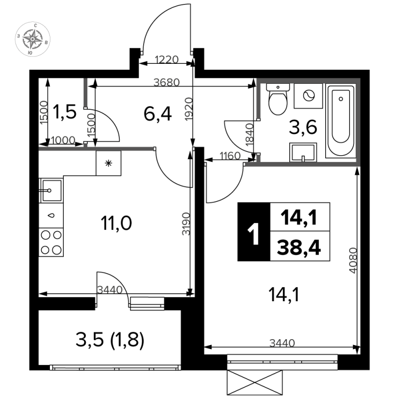 1 ккв 38,5 м²