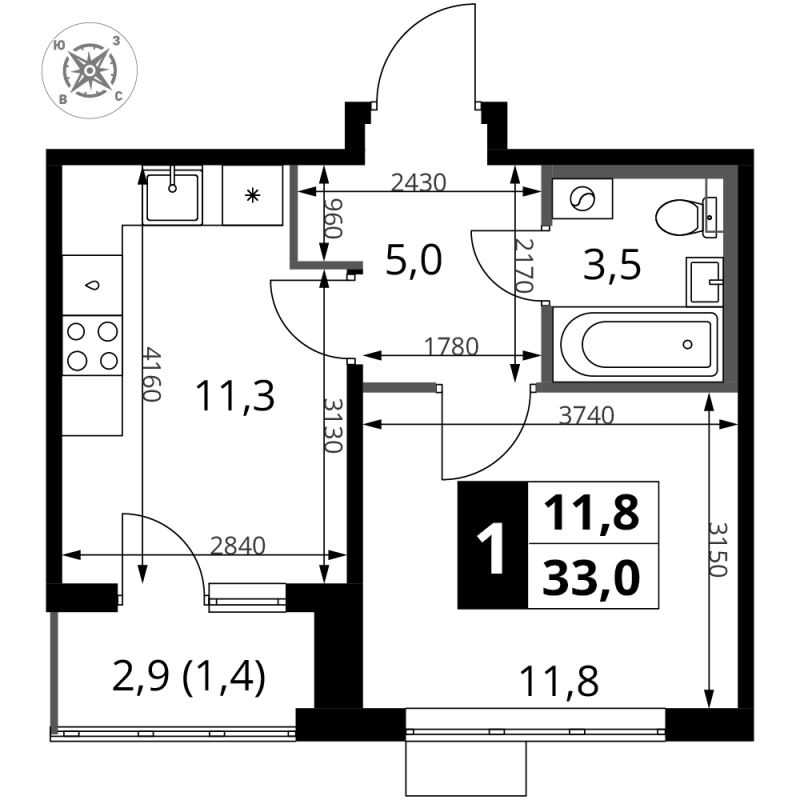 1 ккв 33 м²