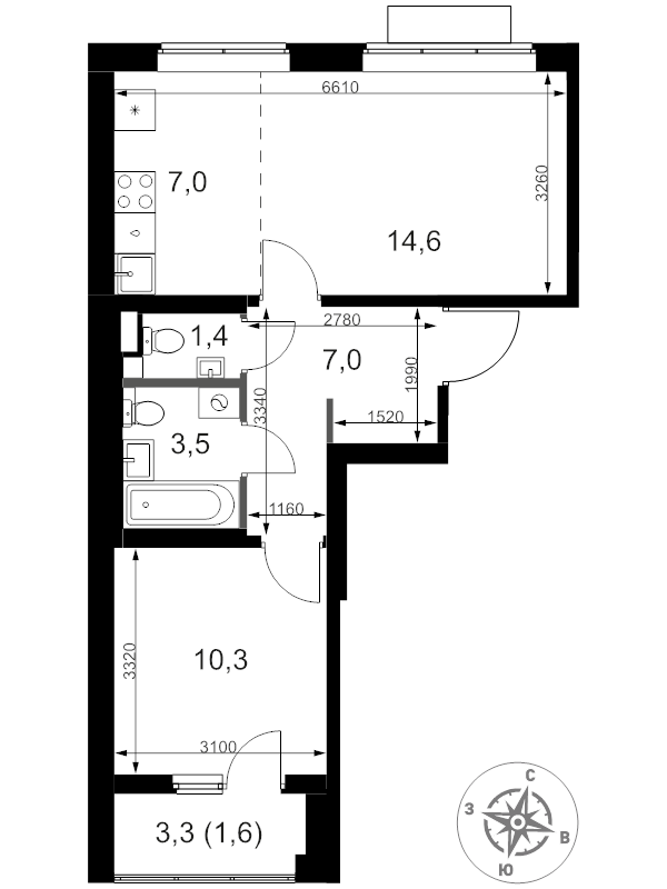 2 ккв (Евро) 45,4 м²