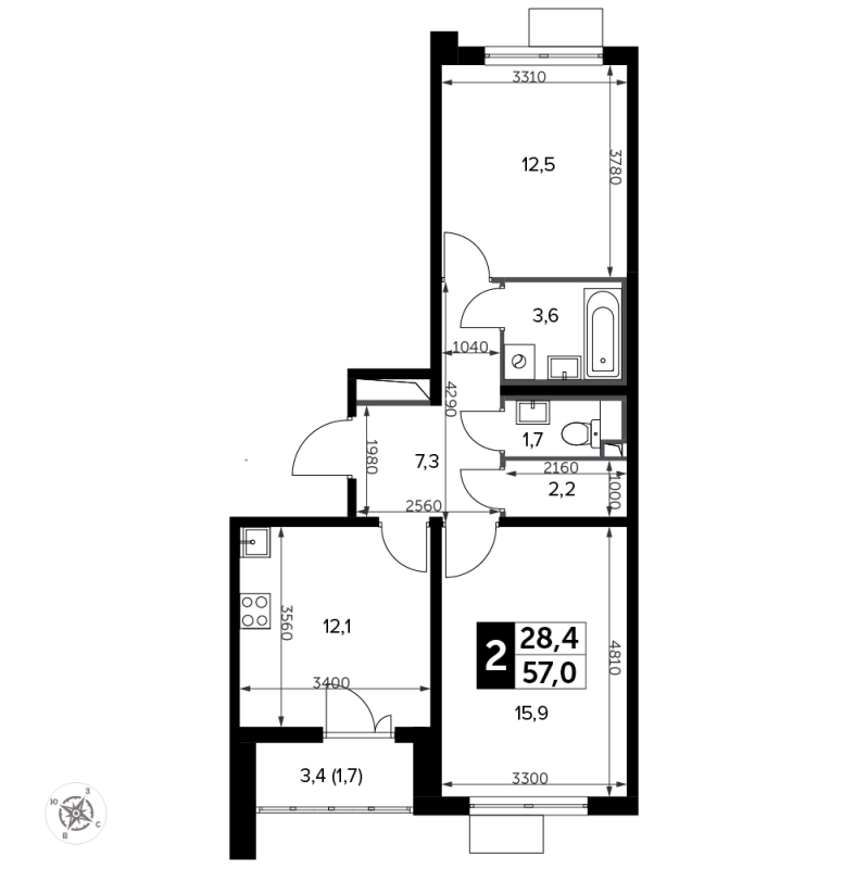 2 ккв 57,9 м²