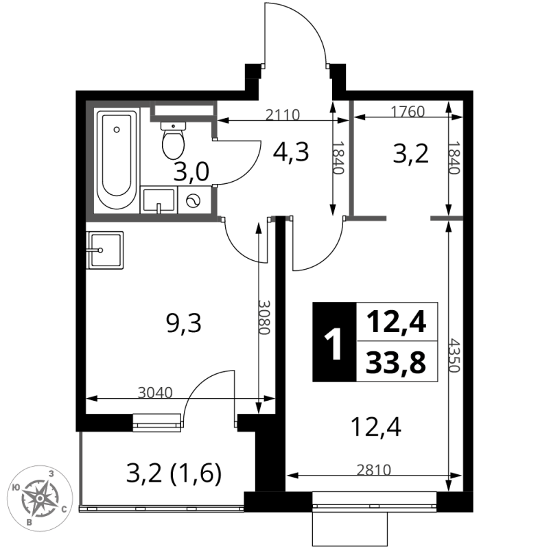 1 ккв 33,8 м²