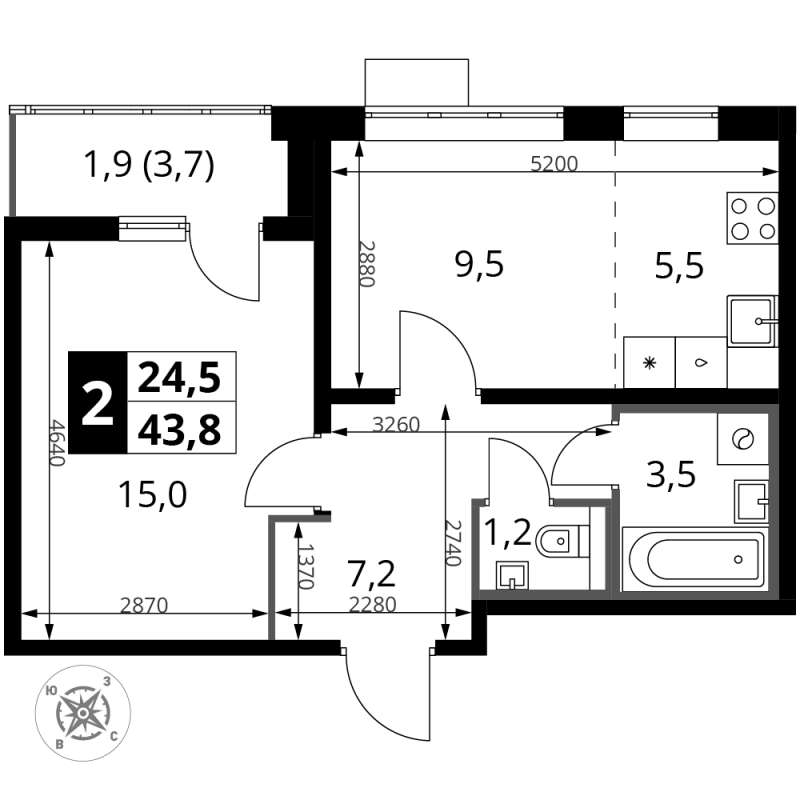 2 ккв (Евро) 43,9 м²