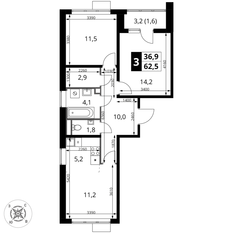 3 ккв (Евро) 62,5 м²