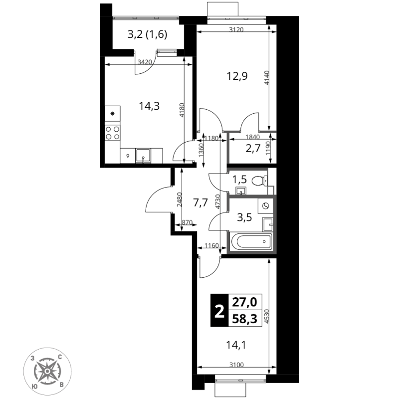 2 ккв 58,3 м²