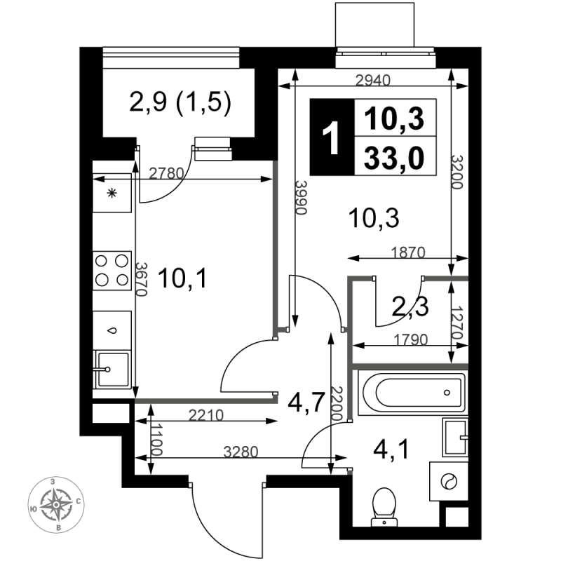 1 ккв 33 м²