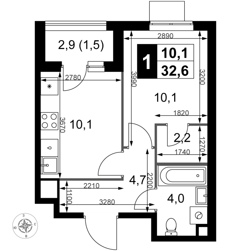 1 ккв 32,6 м²