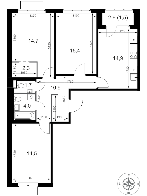 3 ккв 80 м²
