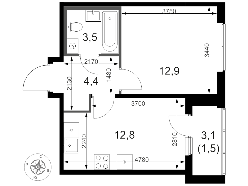 1 ккв 35,7 м²