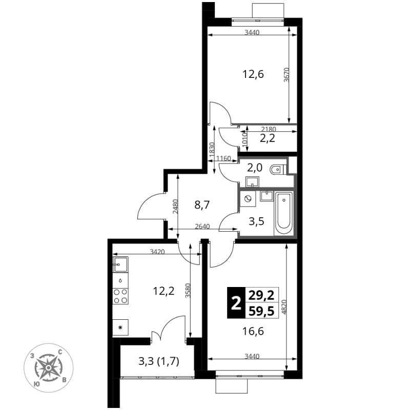 2 ккв 59,5 м²