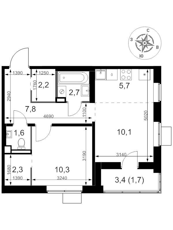2 ккв (Евро) 44,4 м²