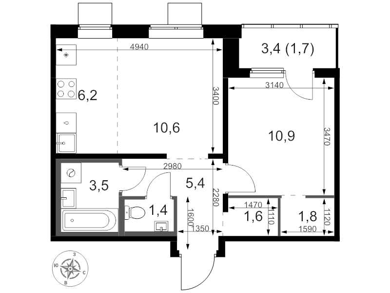 2 ккв (Евро) 44,2 м²