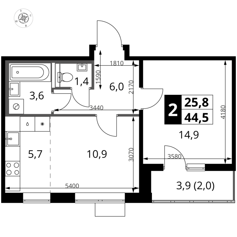 2 ккв (Евро) 44,5 м²