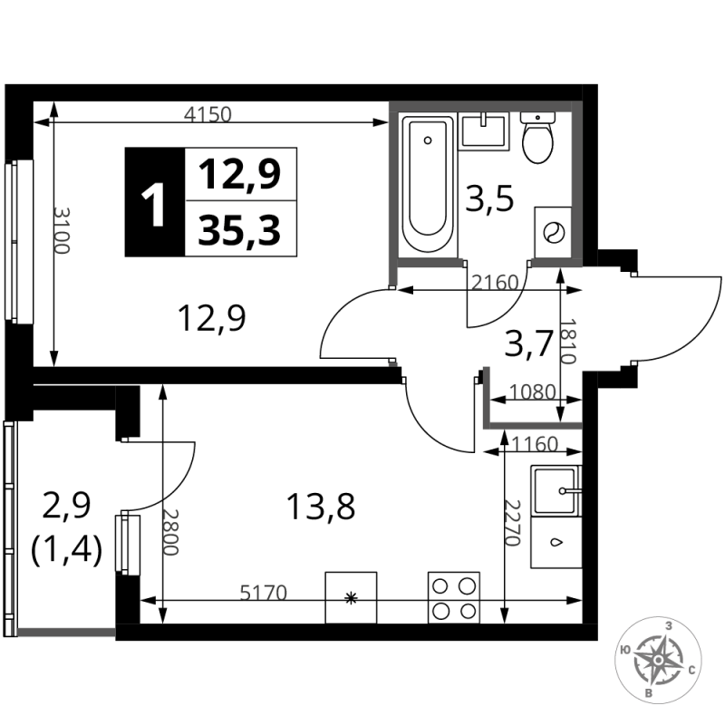 1 ккв 35,3 м²