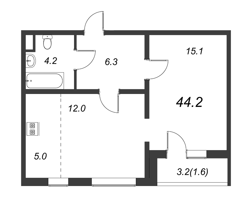 2 ккв (Евро) 44 м²