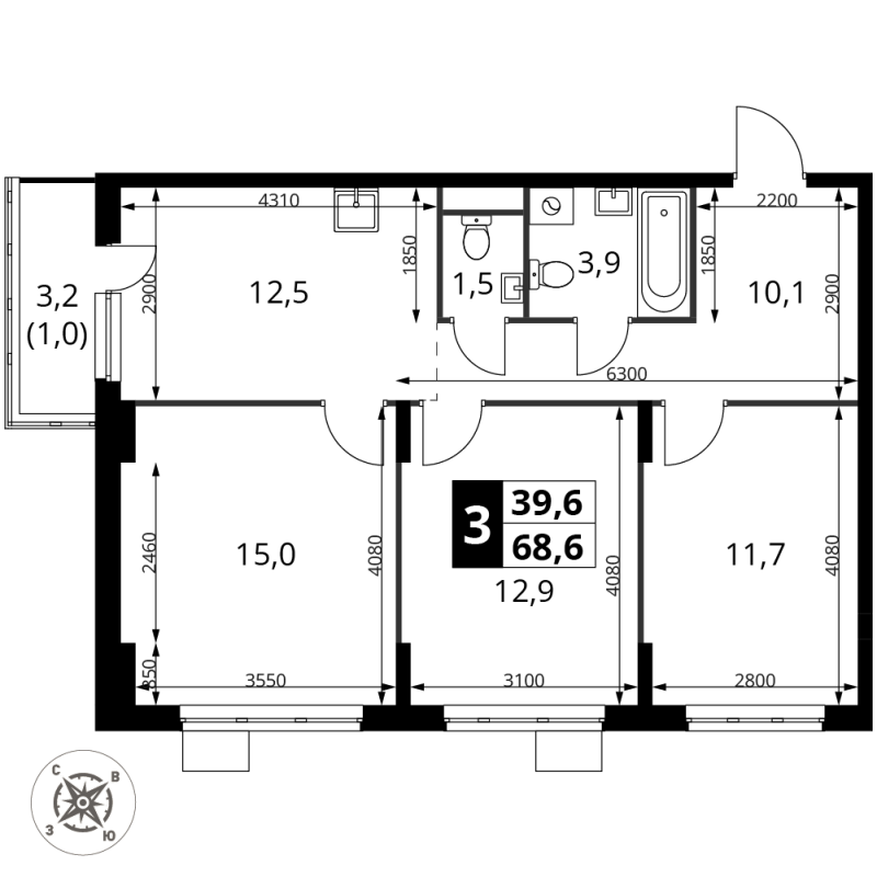 3 ккв (Евро) 68,6 м²