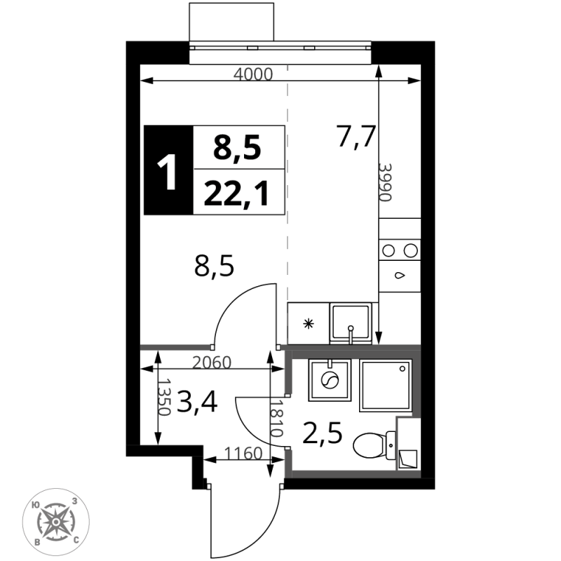 Студия 22,1 м²