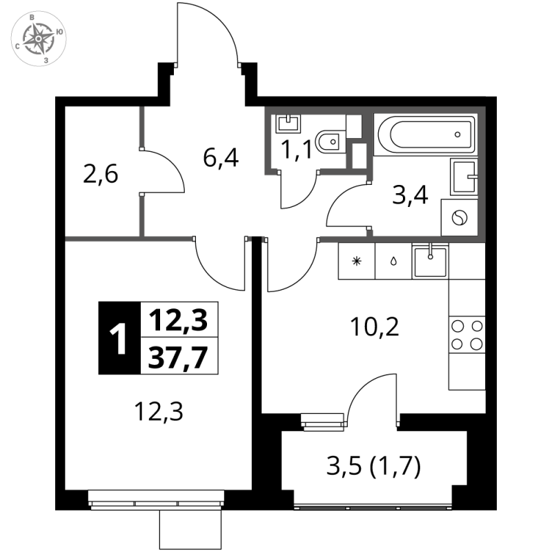 1 ккв 37,7 м²
