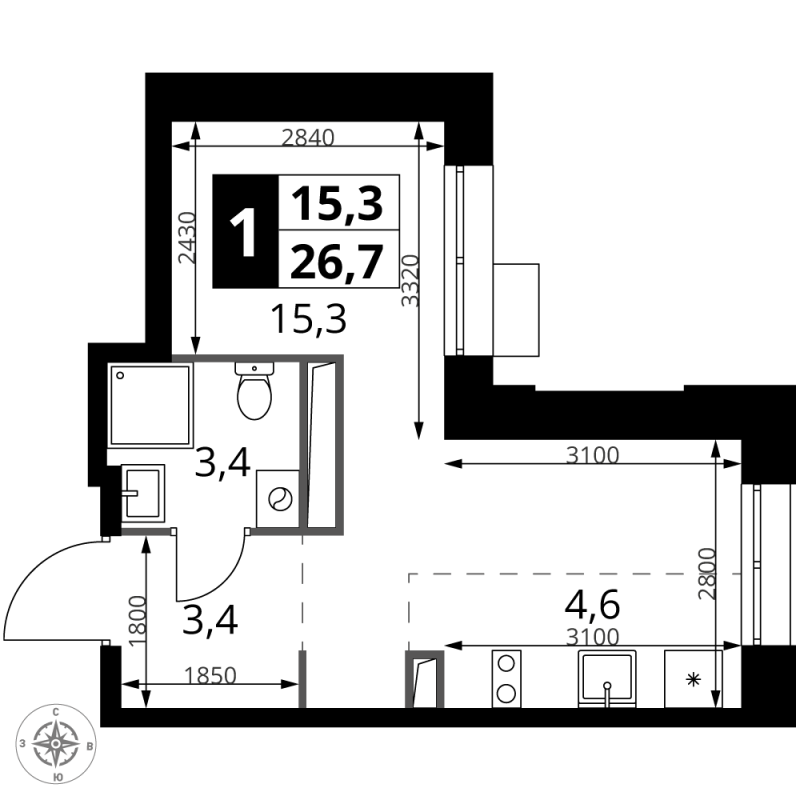 Студия 26,7 м²