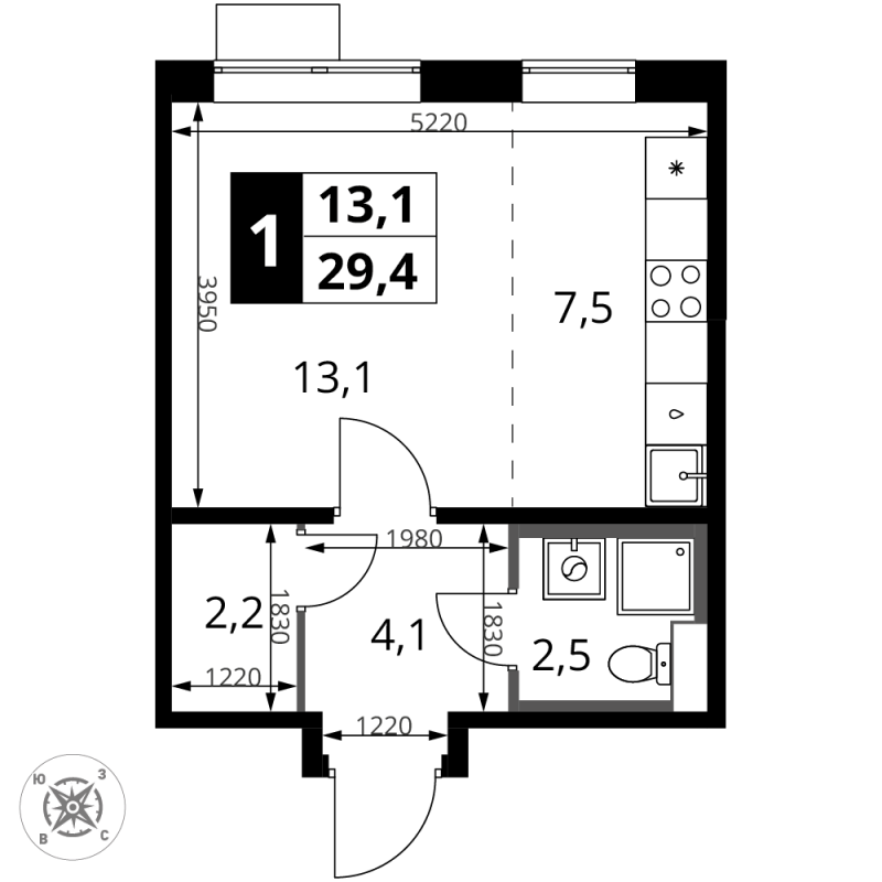 Студия 29,4 м²
