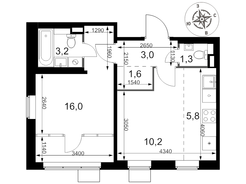 2 ккв (Евро) 41,1 м²