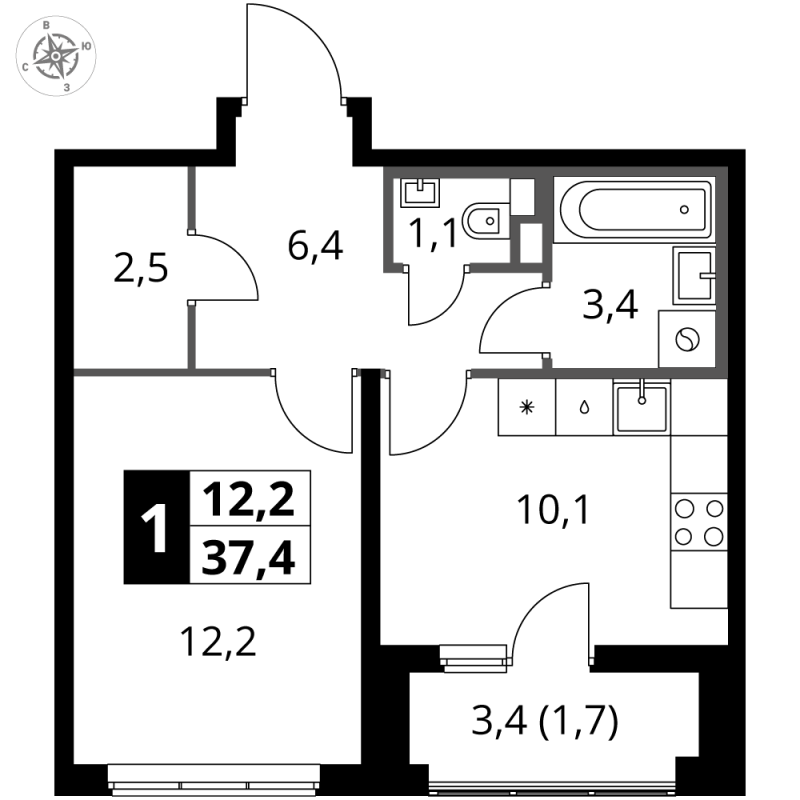 1 ккв 37,4 м²