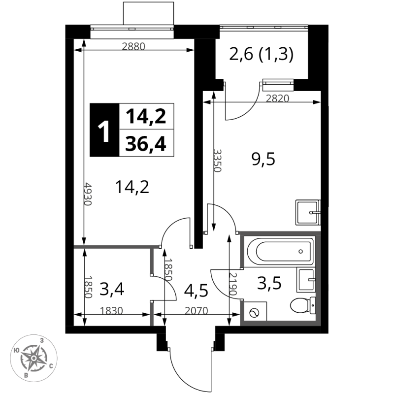 1 ккв 36,4 м²