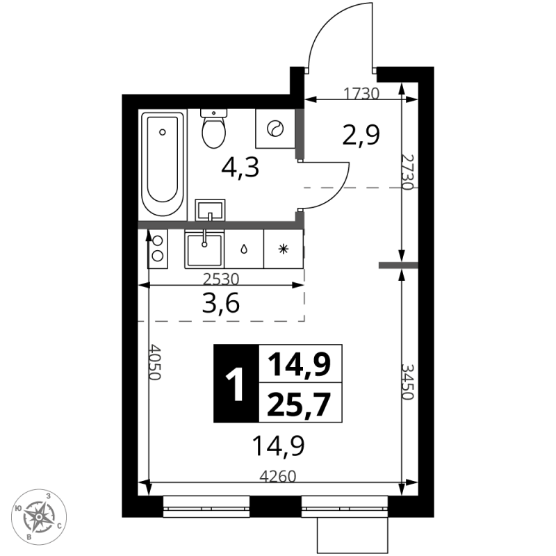 Студия 25,7 м²