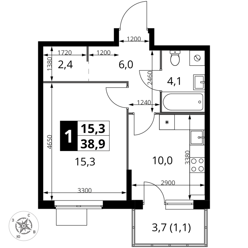 1 ккв 38,9 м²