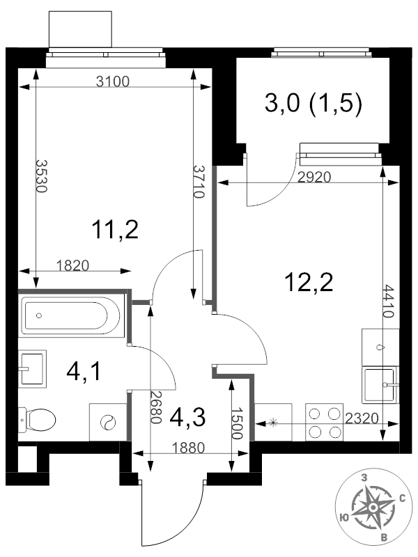 1 ккв 33,3 м²