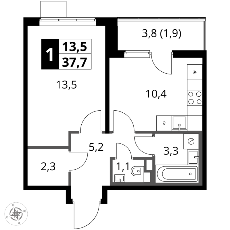 1 ккв 37,7 м²
