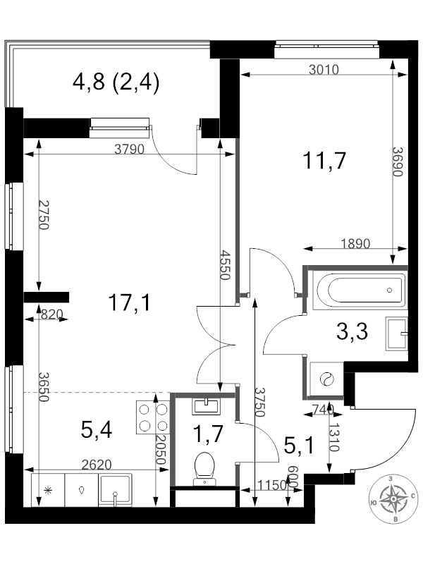 2 ккв (Евро) 46,7 м²