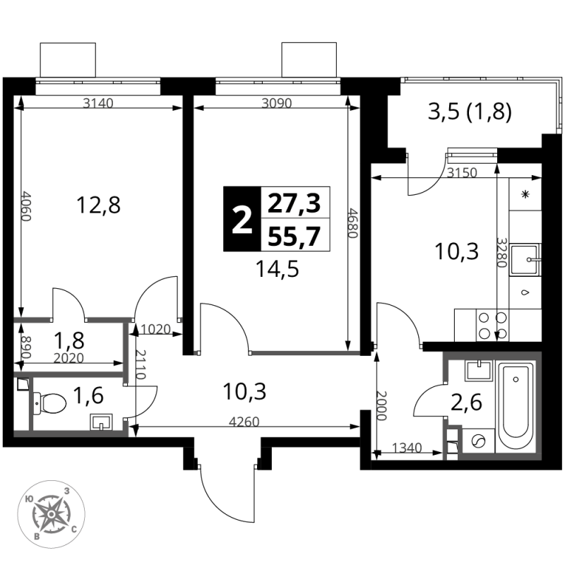 2 ккв 55,7 м²