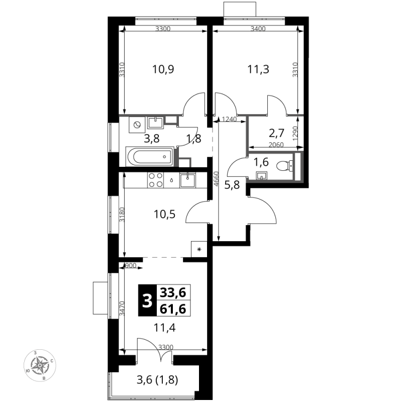 3 ккв (Евро) 61,6 м²